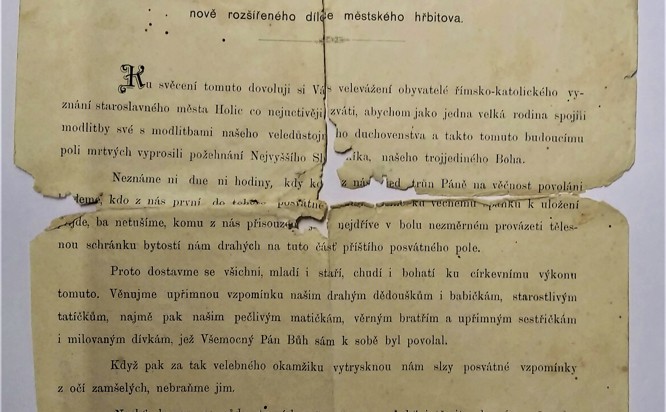Zobrazit obrázek: Vyhláška z roku 1894 k vysvěcení nové části rozšířeného hřbitova